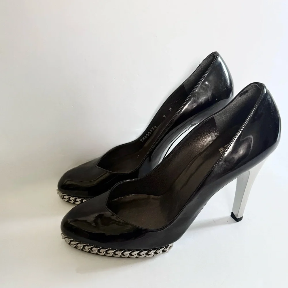 Stuart Weitzman Black Patent Leather Pumps Chain Link Platform Stiletto Heels